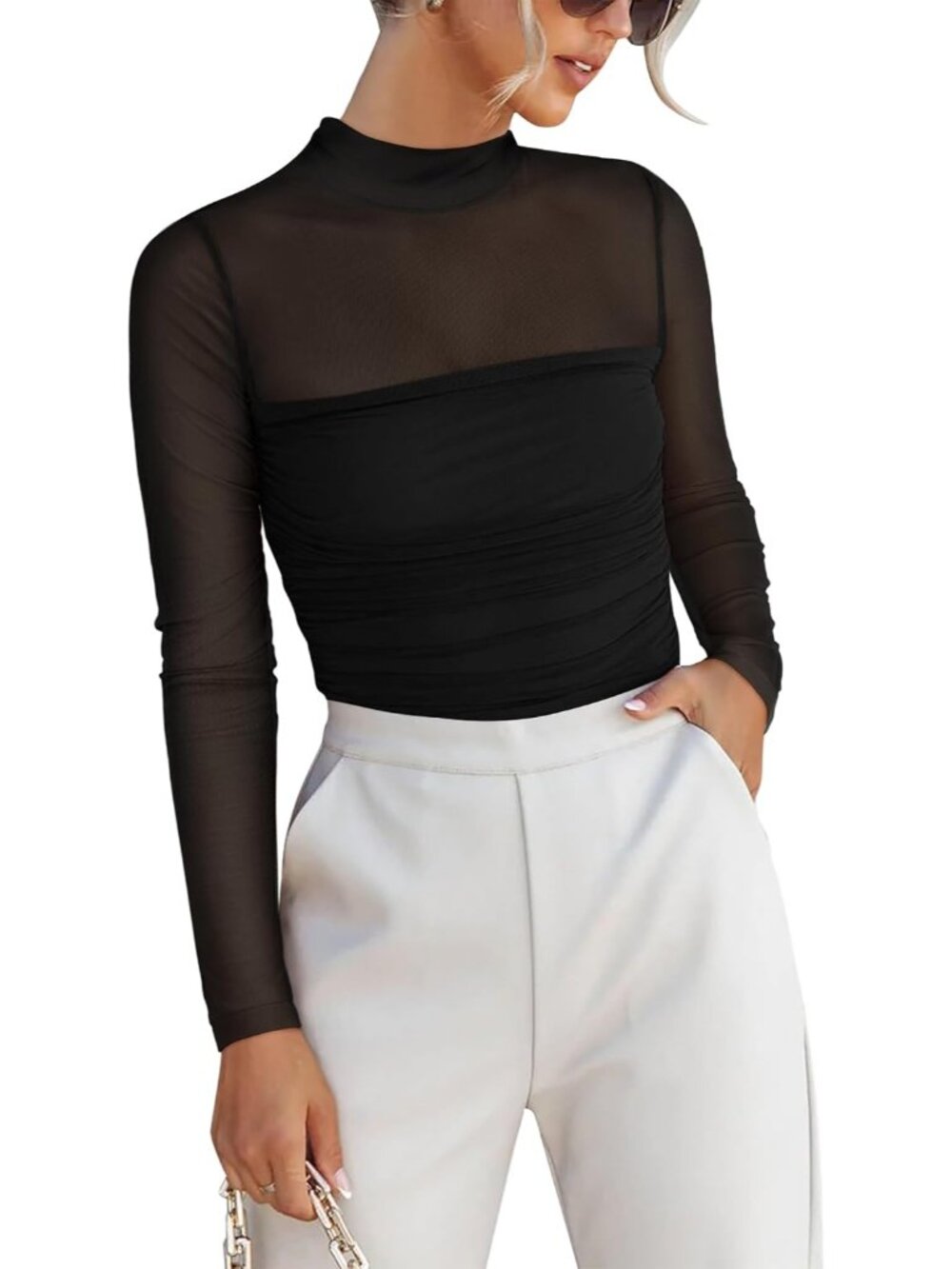 Women's Black Mock Neck Pullover Sheer Slim Fit Rushed Mesh Long Sleeve Top